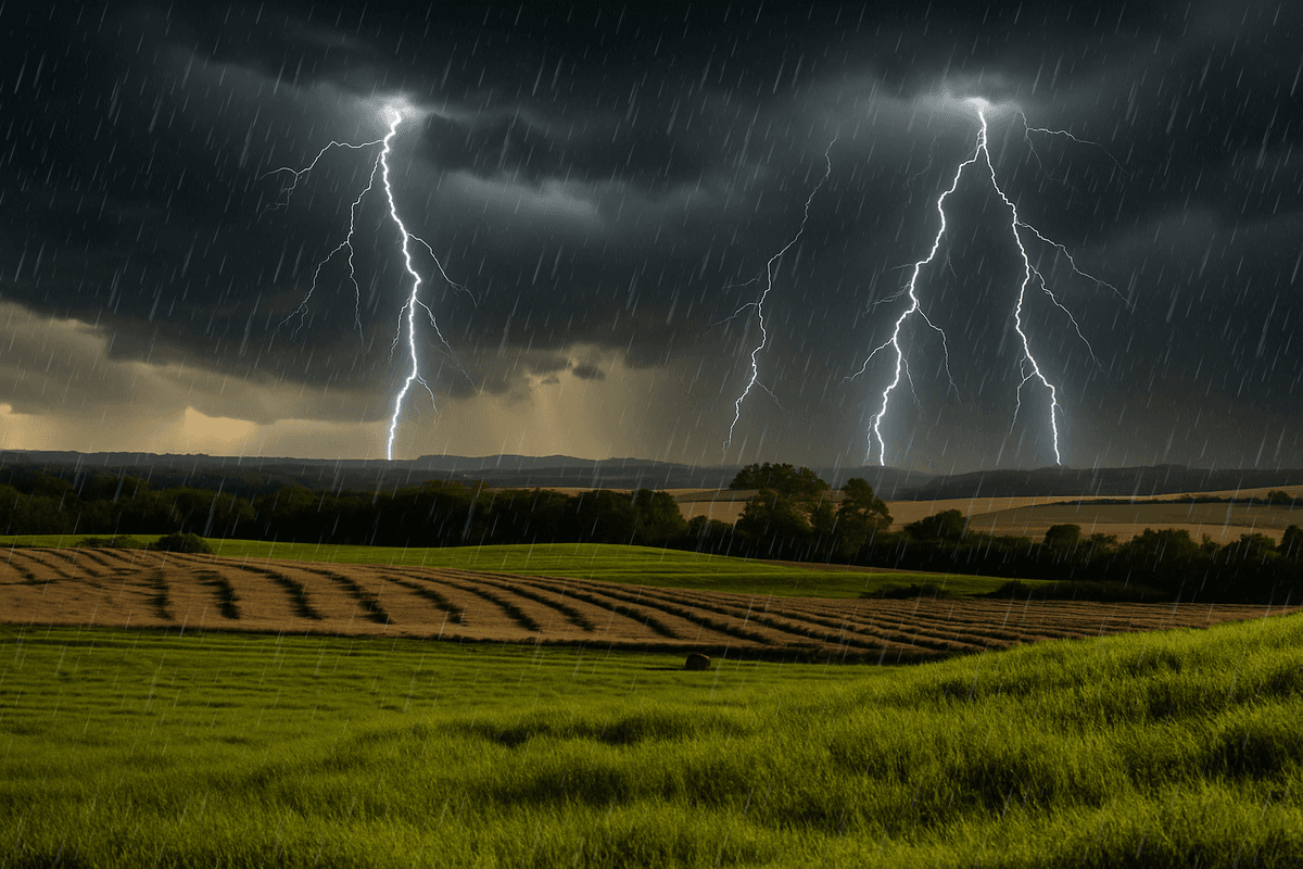 Viharos tájkép villámokkal a háttérben, megrongált növényzet